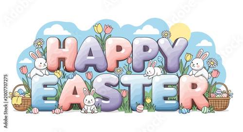 Happy Easter Greeting with Cute Bunnies and Spring Flowers Vector