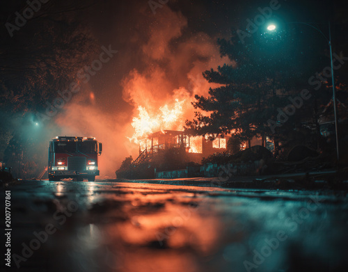 Fire truck arrives at burning building during nighttime in urban area