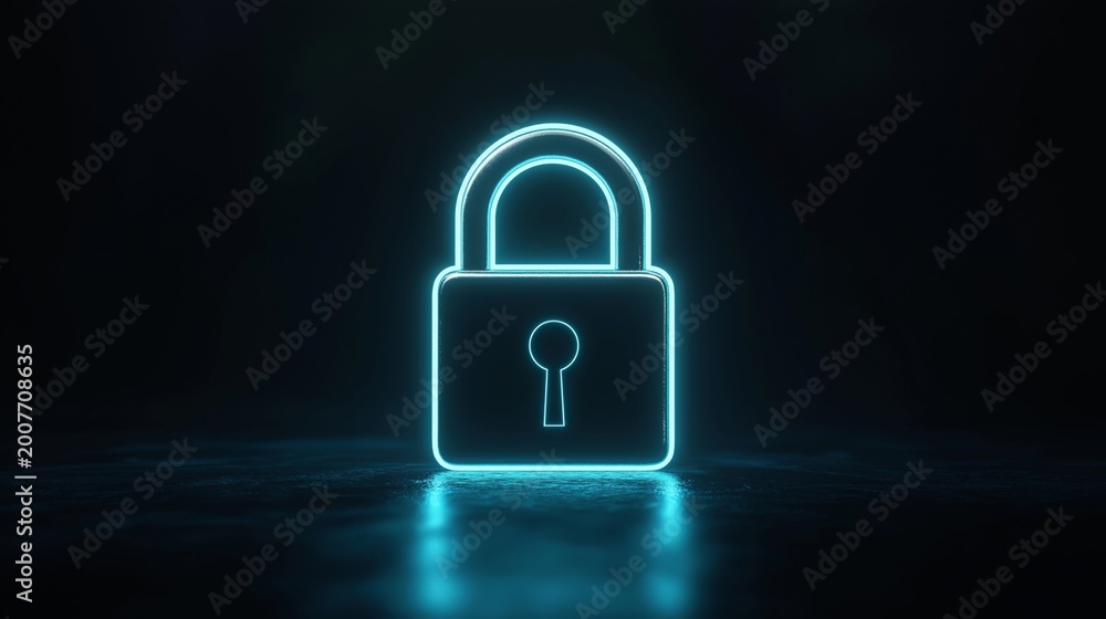 Fototapeta premium Neon Padlock Centered Cyber Security Concept