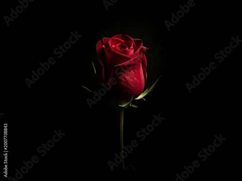A close-up photo of a single red rose with green leaves on a dark background
