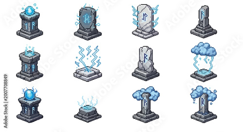 Tableau sur toile This vector features twelve isometric pixel art icons of mystical stone runes and altars emitting glowing blue magical energy and lightning effects
