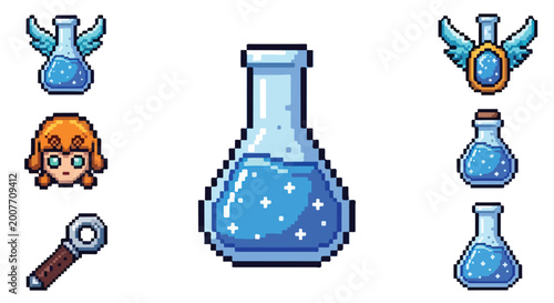 Bilde på lerret A set of retro pixel art game icons including sparkling blue mana potions, a winged emblem, a magnifying tool, and a girl character head asset
