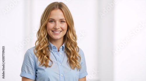 Portrait of a smiling young blonde woman in a light blue shirt. Friendly female headshot against a bright white background. Copy space for text Free Download Portrait of a smiling young blonde woman in a light blue shirt. Friendly female headshot against a bright white background. Copy space for text - GFXLoad