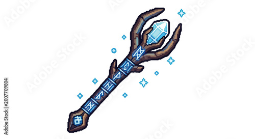 Foto A pixel art illustration of a magical wooden staff with glowing blue runes and a large crystalline orb held by wooden prongs at the top