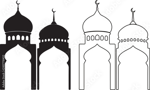Fotografie Islamic archway and minaret silhouettes, black and white mosque