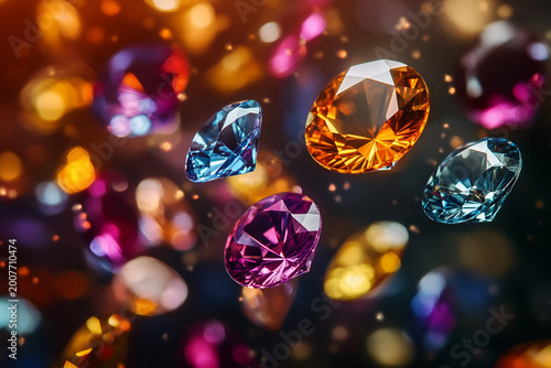 Flying colorful gems and diamonds on vibrant background for jewelry sale, luxury branding or promotion concept, generative ai