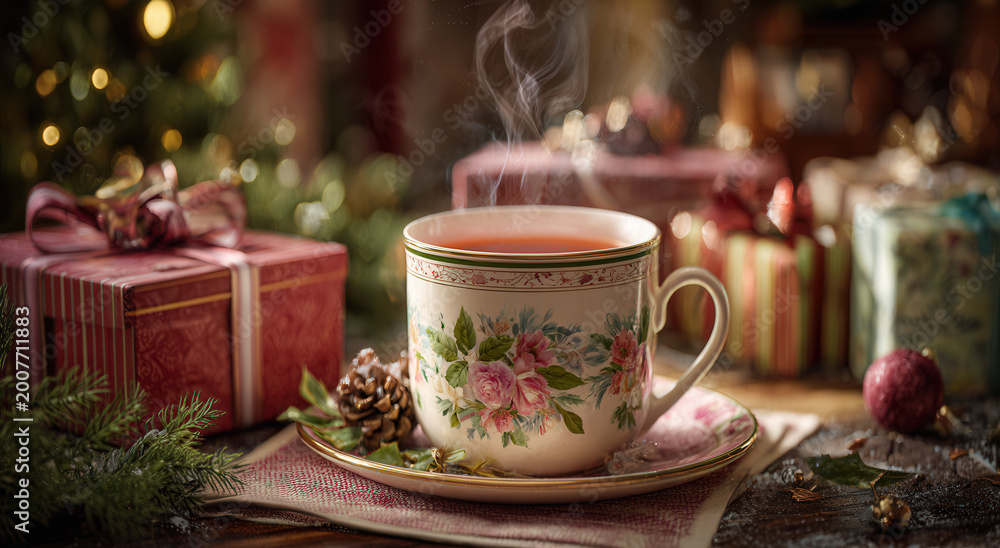 Fototapeta premium Warm cup of tea sits on table next to gifts during the holiday season