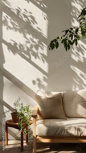 Minimalist white room with eucalyptus plant and neutral sofa