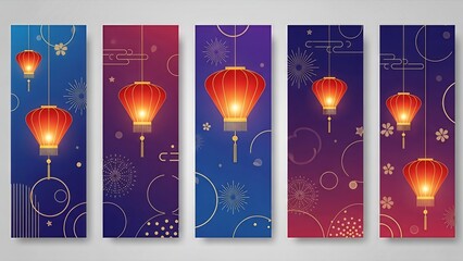 Red Chinese lanterns illuminate festive vertical banners for Asian celebrations