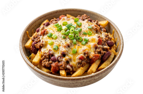 Konstfotografi Delicious loaded fries covered in thick chili con carne, melted cheese sauce, and diced green onions, served in a round bowl