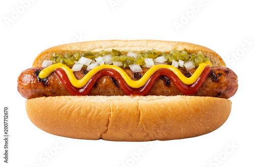 Konstfotografi Classic american hot dog in a soft bun, fully loaded with wavy lines of ketchup and mustard, sweet relish, and diced onions