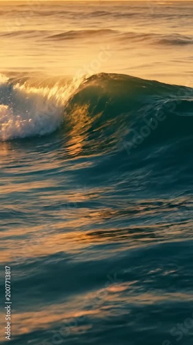 Serene Ocean Waves glowing under a golden sunset light perfect for travel backgrounds and meditation content Vertical. Video. Portrait Orientation.