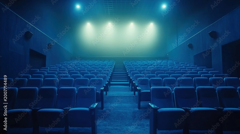 Fototapeta premium Empty movie theater interior with blue seats and a dim atmosphere, creating anticipation for a film experience.