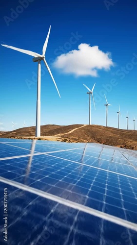 Sustainable Energy Solutions featuring wind turbines and solar panels on a sunny hill, ideal for environmental documentaries and corporate ESG presentations. Vertical. Video. Portrait Orientation.