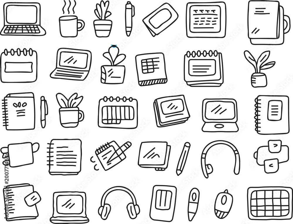 Naklejka premium Freelancer Workspace Doodle Hand Draw Icon Set – Remote Work, Laptop, Coffee, Creative Office Vector Icons Collection