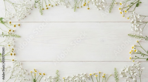 Bright white Scandinavian style wood background with floral borders