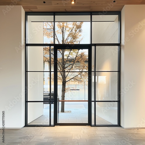 Minimalist interior with large window and tree silhouette