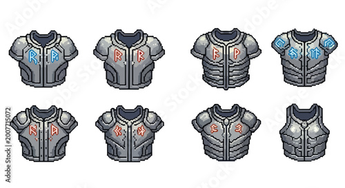 Schilderij op canvas A collection of pixel art chestplate armor icons featuring glowing ancient runes in various designs for fantasy role-playing games