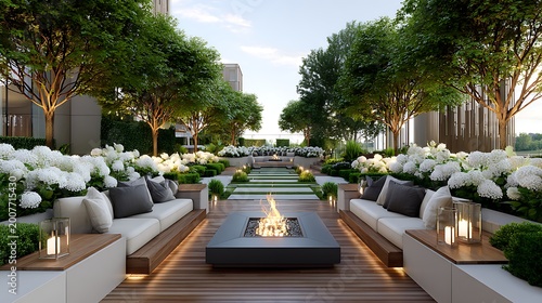 Luxury outdoor patio with white wicker furniture and fire pit