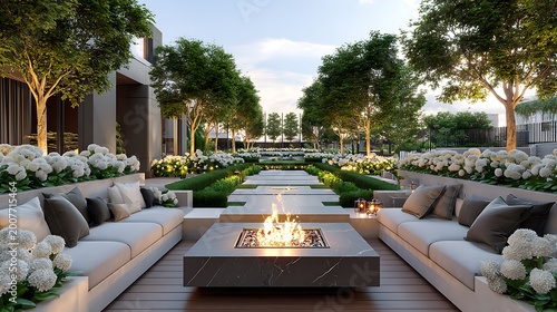Luxury outdoor fountain with stone sculptures in landscaped garden