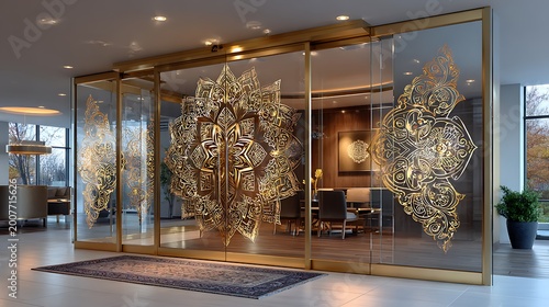 Luxury storefront with large gold geometric window nighttime exterior