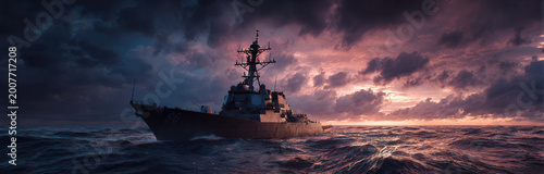 Dark clouds gather over a naval destroyer sailing in rough seas during twilight hours
