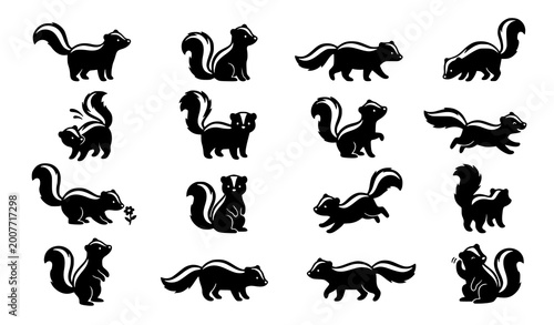 Cuadro en lienzo Cartoon skunk silhouette set cute animal poses black vector collection isolated