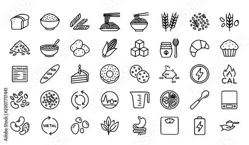Billede på lærred "Food Nutrition and Diet Icons Set - Healthy Eating, Meal, Ingredients and Calo