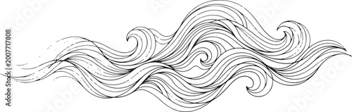 Konstfotografi Hand drawn doodle illustration of flowing abstract ocean waves, stylized water swirls, and curly wind lines for sea nature design
