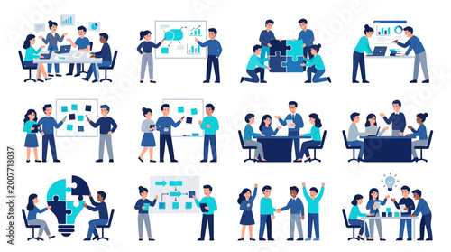 Illustrations of business teamwork, collaborative meetings, strategic planning, problem-solving, and innovative idea generation for corporate success
