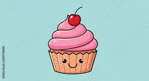 Cute cartoon cupcake with pink frosting and a cherry topping sits against a light blue background