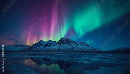 Aurora Borealis Over Snowy Mountains Reflection