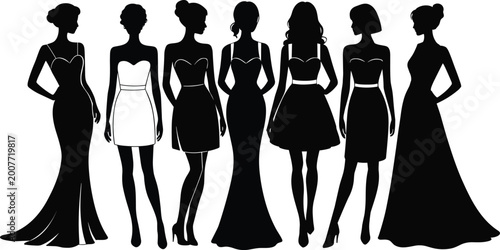 Fashion Women Silhouettes Elegant Models Dress Runway Vector Set