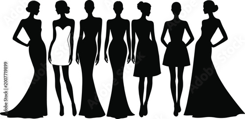 Fashion Women Silhouettes Elegant Models Dress Runway Vector Set