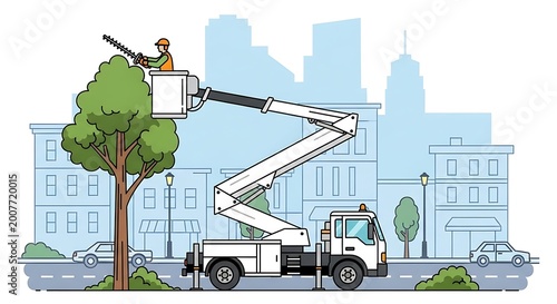 Tree trimming service using a lift truck in urban environment.