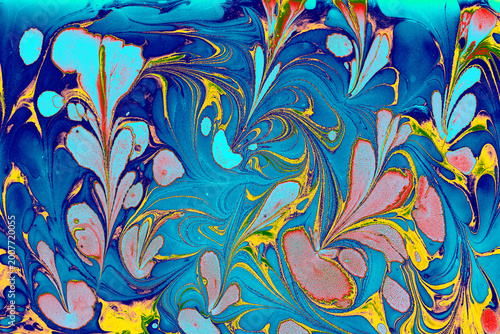 Soft pastel floral Ebru marbling texture with elegant tulip patterns and liquid ink