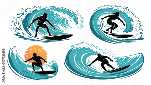 Surfing Silhouettes Ocean Waves Set Summer Beach Sport Vector