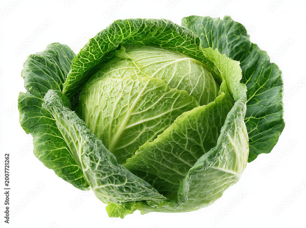 Obraz premium Curly green cabbage sits on white background, showing layers of leaves and moisture droplets with no other objects nearby