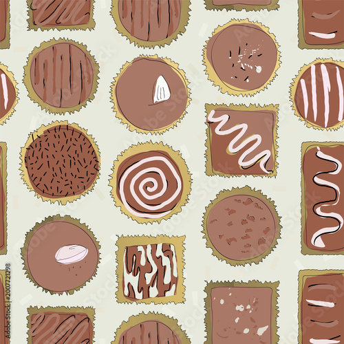 Принти на полотні Assorted hand drawn chocolates on light pistachio background seamless