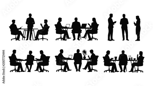 Business Meeting Silhouettes Team Discussion Office People Vector Set