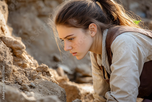 Archaeologist digging carefully in soil searching for ancient bones fossils or artifacts during field research
