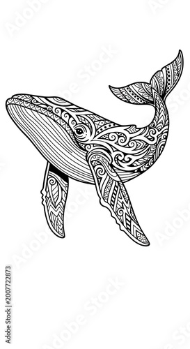 Detailed whale illustration with intricate patterns and designs.