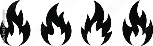 Foto Set of black fire flame vector icons featuring various silhouettes for campfire heat energy and spicy food level indicators design