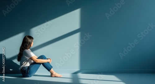 A pensive young woman sits alone on the floor against a blue wall, bathed in a geometric beam of sunlight, representing themes of loneliness, mental health, and quiet reflection.
