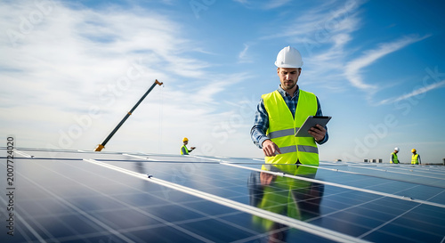 Professional male engineer in safety gear using a tablet to inspect a rooftop solar panel installation on a sunny day showcasing green energy and renewable technology