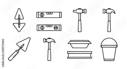 Set of professional masonry and construction tool icons featuring trowels spirit levels hammers and buckets in thin line vector style for building and renovation projects.