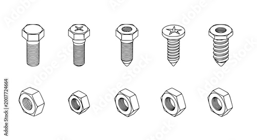 Foto Collection of isometric technical hardware icons featuring various hex bolts philips head screws and metal nuts in thin line vector style for industrial maintenance