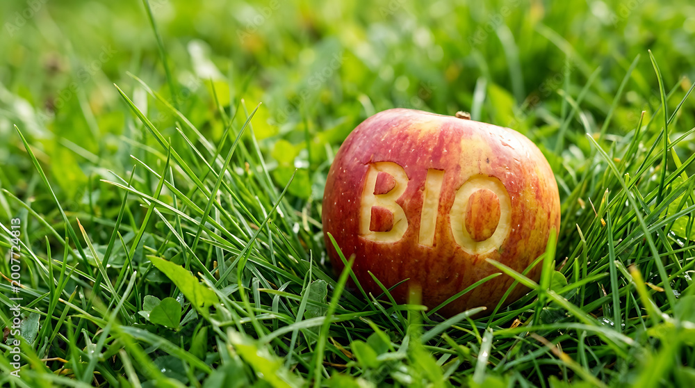 Fototapeta premium Fresh organic apple labeled bio resting on green grass outdoors transparent background