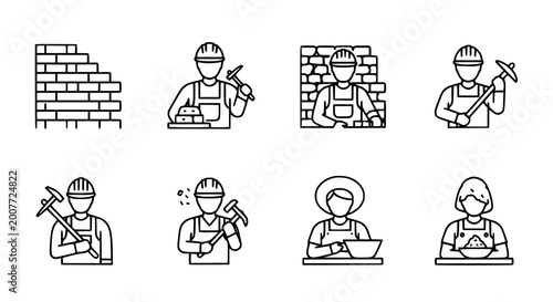 Set of construction and masonry icons featuring professional builders bricklayers wall construction tools and workers in hard hats for building industry and renovation projects.