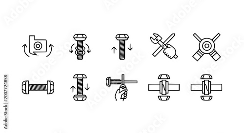 Canvastavla Mechanical bolt assembly and fastener instruction vector icon set showing steps for tightening, loosening, and installing hardware for industrial machinery and DIY repair manuals